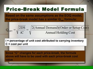 McGraw-Hill/Irwin © 2006 The McGraw-Hill Companies, Inc., All Rights Reserved.
30
Price-Break Model Formula
CostHoldingAnnual
Cost)SetuporderDemand)(Or2(Annual
=
iC
2DS
=QOPT
Based on the same assumptions as the EOQ model,
the price-break model has a similar Qopt formula:
i = percentage of unit cost attributed to carrying inventory
C = cost per unit
Since “C” changes for each price-break, the formula
above will have to be used with each price-break cost
value
 