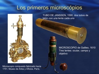 Los primeros microscópios
Microscopio compuesto fabricado hacia
1751. Museo de Artes y Oficios, París.
TUBO DE JANSSEN, 1590, dos tubos de
latón con una lente cada uno
MICROSCOPIO de Galileo, 1610
Tres lentes: ocular, campo y
objetivo
 