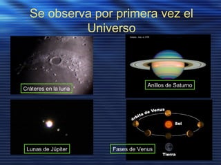 Se observa por primera vez el
Universo
Cráteres en la luna
Anillos de Saturno
Lunas de Júpiter Fases de Venus
 