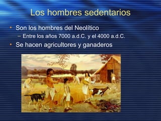 Los hombres sedentarios
• Son los hombres del Neolítico
– Entre los años 7000 a.d.C. y el 4000 a.d.C.
• Se hacen agricultores y ganaderos
 