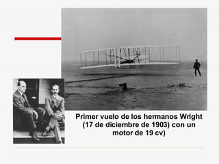 Primer vuelo de los hermanos Wright (17 de diciembre de 1903) con un motor de 19 cv) 