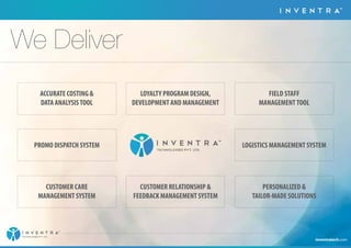 TM 
We Deliver 
FIELD STAFF 
MANAGEMENT TOOL 
PERSONALIZED  
TAILOR-MADE SOLUTIONS 
ACCURATE COSTING  
DATA ANALYSIS TOOL 
LOGISTICS MANAGEMENT SYSTEM 
PROMO DISPATCH SYSTEM 
LOYALTY PROGRAM DESIGN, 
DEVELOPMENT AND MANAGEMENT 
CUSTOMER CARE 
MANAGEMENT SYSTEM 
CUSTOMER RELATIONSHIP  
FEEDBACK MANAGEMENT SYSTEM 
inventratech.com 
TM 
TECHNOLOGIES PVT. LTD. 
 
