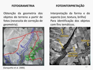 12
FOTOGRAMETRIA
Obtenção da geometria dos
objetos do terreno a partir de
fotos (necessita de correção de
geometria).
FOTOINTERPRETAÇÃO
Interpretação da forma e do
aspecto (cor, textura, brilho)
Para identificação dos objetos
com fins temáticos.
(Sanquetta et al. 2006).
 
