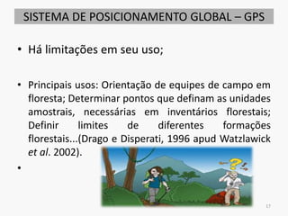 SISTEMA DE POSICIONAMENTO GLOBAL – GPS
• Há limitações em seu uso;
• Principais usos: Orientação de equipes de campo em
floresta; Determinar pontos que definam as unidades
amostrais, necessárias em inventários florestais;
Definir limites de diferentes formações
florestais...(Drago e Disperati, 1996 apud Watzlawick
et al. 2002).
•
17
 