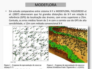 MODEFLORA
• Em estudo comparativo entre sistema X-Y e MODEFLORA, FIGUEIREDO et
al. (2007) observaram que há grandes distorções do X-Y em relação à
referência (GPS) da localização das árvores, com erros superiores a 25m.
Contudo, os erros médios foram de 2 m com o correto uso do GPS de alta
sensibilidade, e 12m com método convencional X-Y.
19
 