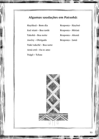 53
Algumas saudações em Patxohã:
Algumas saudações em Patxohã:
Hayôkuã - Bom dia Resposta - Hayôxó
Itxê niató - Boa tarde Resposta - Miriaú
Takohã - Boa noite Resposta - Akunã
Awêry - Obrigado Resposta - Iamã
Tukê tukehê - Boa sorte
Arnã ertõ - Eu te amo
Tsägô – Tchau
 
 