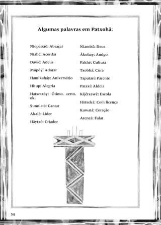 54
Algumas palavras em Patxohã:
Algumas palavras em Patxohã:
Niopatxïõ: Abraçar
Niahé: Acordar
Dawê: Adeus
Mõpõy: Adorar
Hamikaháy: Aniversário
Hitup: Alegria
Hatxotxáy: Ótimo, certo,
ok.
Sunniatá: Cantar
Akaié: Líder
Hãytxô: Criador
Niamisũ: Deus
Ãkohay: Amigo
Pakhê: Cultura
Txobhá: Cura
Taputarí: Parente
Pataxí: Aldeia
Kijêtxawê: Escola
Hũtxeká: Com licença
Kawatá: Coração
Areneá: Falar
  
 