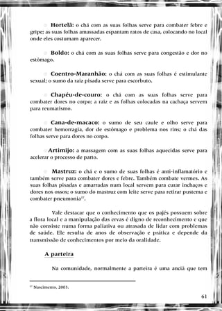61
•
• eHortelã: o chá com as suas folhas serve para combater febre e
gripe; as suas folhas amassadas espantam ratos de casa, colocando no local
onde eles costumam aparecer.
•
• eBoldo: o chá com as suas folhas serve para congestão e dor no
estômago.
•
• eCoentro-Maranhão: o chá com as suas folhas é estimulante
sexual; o sumo da raiz pisada serve para escorbuto.
•
• eChapéu-de-couro: o chá com as suas folhas serve para
combater dores no corpo; a raiz e as folhas colocadas na cachaça servem
para reumatismo.
•
• eCana-de-macaco: o sumo de seu caule e olho serve para
combater hemorragia, dor de estômago e problema nos rins; o chá das
folhas serve para dores no corpo.
•
• Artimijo: a massagem com as suas folhas aquecidas serve para
acelerar o processo de parto.
•
• RMastruz: o chá e o sumo de suas folhas é anti-inflamatório e
também serve para combater dores e febre. Também combate vermes. As
suas folhas pisadas e amarradas num local servem para curar inchaços e
dores nos ossos; o sumo do mastruz com leite serve para retirar pustema e
combater pneumonia37
.
Vale destacar que o conhecimento que os pajés possuem sobre
a flora local e a manipulação das ervas é digno de reconhecimento e que
não consiste numa forma paliativa ou atrasada de lidar com problemas
de saúde. Ele resulta de anos de observação e prática e depende da
transmissão de conhecimentos por meio da oralidade.
A parteira
Na comunidade, normalmente a parteira é uma anciã que tem
37
Nascimento, 2003.
 