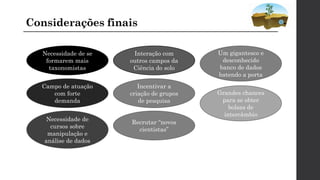 Considerações finais
Necessidade de se
formarem mais
taxonomistas
Campo de atuação
com forte
demanda
Necessidade de
cursos sobre
manipulação e
análise de dados
Interação com
outros campos da
Ciência do solo
Incentivar a
criação de grupos
de pesquisa
Recrutar “novos
cientistas”
Um gigantesco e
desconhecido
banco de dados
batendo a porta
Grandes chances
para se obter
bolsas de
intercâmbio
 