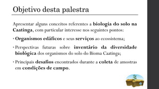 Objetivo desta palestra
Apresentar alguns conceitos referentes a biologia do solo na
Caatinga, com particular interesse nos seguintes pontos:
• Organismos edáficos e seus serviços ao ecossistema;
• Perspectivas futuras sobre inventário da diversidade
biológica dos organismos do solo do Bioma Caatinga;
• Principais desafios encontrados durante a coleta de amostras
em condições de campo.
 