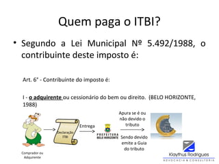Quem paga o ITBI?
• Segundo a Lei Municipal Nº 5.492/1988, o
contribuinte deste imposto é:
Art. 6° - Contribuinte do imposto é:
I - o adquirente ou cessionário do bem ou direito. (BELO HORIZONTE,
1988)
Declaração
ITBI
Comprador ou
Adquirente
Entrega
Apura se é ou
não devido o
tributo
Sendo devido
emite a Guia
do tributo
 