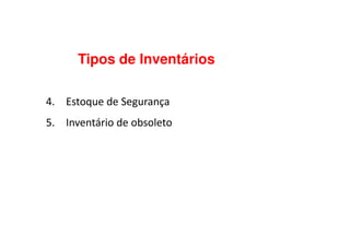 4. Estoque de Segurança
5. Inventário de obsoleto
Tipos de Inventários
5. Inventário de obsoleto
 