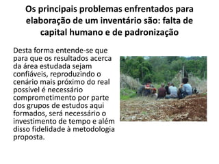 Os principais problemas enfrentados para
elaboração de um inventário são: falta de
capital humano e de padronização
Desta forma entende-se que
para que os resultados acerca
da área estudada sejam
confiáveis, reproduzindo o
cenário mais próximo do real
possível é necessário
comprometimento por parte
dos grupos de estudos aqui
formados, será necessário o
investimento de tempo e além
disso fidelidade à metodologia
proposta.
 
