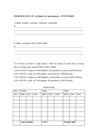 EXERCÍCIO DE N. 02 - Atividades de Aprendizagem - INVENTÁRIO
1) Defina inventário periódico e inventário permanente.
R:____________________________________________________________________
______________________________________________________________________
______________________________________________________________________
2) Defina os métodos PEPS, UEPS, MPM.
R_____________________________________________________________________
______________________________________________________________________
______________________________________________________________________
3) Com base nos dados a seguir, apure o CMV da empresa X assim como o estoque
final do período pelos métodos PEPS, UEPS e MPM.
a) Em 01/03/X1: compra de 8.000 unidades de mercadorias ao custo de R$10,00/cada.
b) Em 10/03/X1: venda de 6.500 unidades de mercadorias a R$20,00/cada.
c) Em 20/03/X1: compra de 4.000 unidades de mercadorias ao custo de R$12,00/cada.
d) Em 30/03/X1: venda de 5.300 unidades de mercadorias a R$23,00/cada.
Método PEPS
Desc. Entrada Saída Saldo
Data Qtde. Unit. Total Qtde. Unit. Total Qtde. Unit. Total
Total entradas: CMV: Estoque final:
 