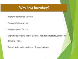 • Improve customer service
• Transportation savings
• Hedge against future
• Unplanned shocks (labor strikes, natural disasters, surges in
demand, etc.)
• To maintain independence of supply chain
Why hold inventory?
19
 