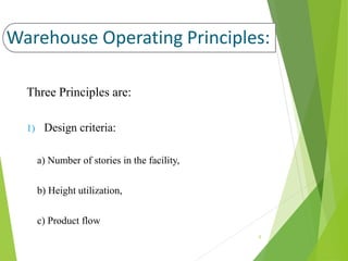 Warehouse Operating Principles:
Three Principles are:
1) Design criteria:
a) Number of stories in the facility,
b) Height utilization,
c) Product flow
5
 