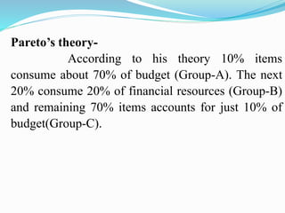 Pareto’s theory-
According to his theory 10% items
consume about 70% of budget (Group-A). The next
20% consume 20% of financial resources (Group-B)
and remaining 70% items accounts for just 10% of
budget(Group-C).
 