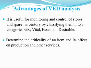 Advantages of VED analysis
 It is useful for monitoring and control of stores
and spare inventory by classifying them into 3
categories viz., Vital, Essential, Desirable.
 Determine the criticality of an item and its effect
on production and other services.
 