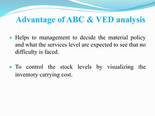 Advantage of ABC & VED analysis
 Helps to management to decide the material policy
and what the services level are expected to see that no
difficulty is faced.
 To control the stock levels by visualizing the
inventory carrying cost.
 
