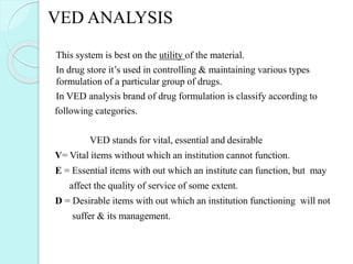  This system is best on the utility of the material.
 In drug store it’s used in controlling & maintaining various types
formulation of a particular group of drugs.
 In VED analysis brand of drug formulation is classify according to
following categories.

 VED stands for vital, essential and desirable
 V= Vital items without which an institution cannot function.
 E = Essential items with out which an institute can function, but may
 affect the quality of service of some extent.
 D = Desirable items with out which an institution functioning will not
 suffer & its management.
VED ANALYSIS
 