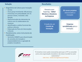Solução                                               Resultados
 Diagnóstico da Cultura para Inovação:
  • Survey;                                               Parceria com
                                                                                            95 novos projetos
  • Focus group envolvendo 100 pessoas;                 Fapemig – Edital
  • Entrevistas em profundidade com 31
                                                                                              relacionados à
                                                       Mestres e Doutores
    pessoas chaves, incluindo a alta                                                             inovação
                                                          na Empresa
    direção;
  • (Des)construção dos elementos da
    cultura com os colaboradores da
    empresa;
                                                          Criação de um                          Empresa
  • Identificação e análise funcional das
    práticas culturais;                                     Comitê de                      sensibilizada para a
  • Elaboração de Plano de Intervenções                     Inovação;                           inovação.
    Culturais.
 Paralelamente, como instrumento de
  mobilização:
  • Seminário EMBATE para disseminação
    de conceitos de inovação e
    empreendedorismo e a geração de
    projetos inovadores.




                                            “A iniciativa reúne ações necessárias para que a FPT se consolide
                                             como uma organização inovadora e de classe mundial no setor
                                                                       automotivo.”
                                                        João Irineu - Diretor de Engenharia de Produto
 