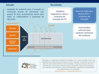 Solução                                                                                        Resultados
 Avaliação do ambiente para a Inovação na
  instituição através de entrevistas com                                                              Relatório                   Plano de Ação para
  grupos de foco, questionários online para                                                     diagnóstico sobre o                  desenvolver o
  todos os colaboradores e workshop de                                                              ambiente de                       ambiente de
  discussão.                                                                                      inovação do CTI                      inovação
 Papel da Alta Direção
                                                                                          CULTURA
  Direcionar as ações de
    inovação garantindo
      ESTRATÉGIA
                                                                                                                                    Intervenções
     alinhamento com a
          estratégia                                                                                                                culturais para
  Apoiar as iniciativas de
                                                                                                                                 catalisar o processo
                                 Detectar         Selecionar as
       RECURSOS
  inovação com recursos e            sinais e
                                                 idéias com maior
                                                                            Aparelhar a                                              de mudança
    suporte da alta gestão       GERAÇÃO
                               tendências do                              empresa através do         Implementar de
                                                potencial de captura
                                      mundo
                                     DE                                   desenvolvimento de           forma eficiente e
                                                     de valor e         IMPLEMENTAÇÃO
                                externo para                                 competências                sustentável os
 Organizar a estrutura da          IDÉIAS
                                   geração e
                                                alinhamento com os
                                                                         internas ou parcerias       projetos de inovação
 empresa de forma DE
       GESTÃO a permitir
                                  captura de
                                                    objetivos da
                                                                               externas
        PESSOAS
  um processo de gestão da                           inovação
                                       idéias
   inovação mais eficiente

                                                    Aprender com as experiências em todas as etapas do
                                                        INDICADORES DE PERFORMANCE
 Conscientizar todos os                              processo de inovação e realizar os ajustes necessários
    COMUNICAÇÃO
 níveis da organização sobre
  a importância da inovação




                                                                          “Realizamos um diagnóstico completo da inovação no CTI. Como resultado, temos uma
                                                                          fotografia da situação atual da Inovação em nossa instituição. Foi possível construir um
                                                                            plano de ações visando melhorar nossa estratégia, estrutura e processos, bem como
                                                                            entender quais intervenções culturais se fazem necessárias. Carecemos de processos
                                                                           que mobilizem/conscientizem a cultura atual definindo a questão da Inovação dentro
                                                                                                   dos moldes atuais em sua aplicação”
                                                                                                João de Oliveira Jr - Coordenador do NIT-CTI
 
