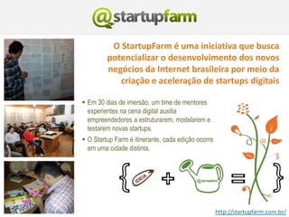 O StartupFarm é uma iniciativa que busca
         potencializar o desenvolvimento dos novos
         negócios da Internet brasileira por meio da
            criação e aceleração de startups digitais

 Em 30 dias de imersão, um time de mentores
  experientes na cena digital auxilia
  empreendedores a estruturarem, modelarem e
  testarem novas startups.
 O Startup Farm é itinerante, cada edição ocorre
  em uma cidade distinta.




                                                    http://startupfarm.com.br/
 