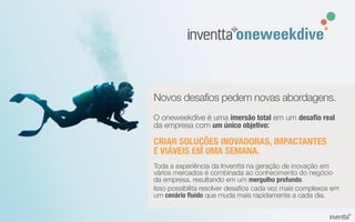 Uma semana,
várias possibilidades.
A abordagem tem uma visão ampla
para gerar soluções focadas ou
sistêmicas e integradas. PROCESSOSPRODUTOS
MARCA
NEGÓCIOS
SERVIÇOS
Se for um novo produto, teremos um protótipo.
Se for um serviço, teremos um piloto.
Se for um novo modelo de negócio, teremos um plano.
Se for um processo, teremos um fluxo.
Se for uma nova abordagem de marca, teremos uma estratégia.
E se for mais de uma solução, teremos um conceito integrado.
 