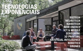 BIOTECH
NEUROTECH
NANOTECH
NEW ENERGY
ICT & MOBILE
SENSORING
3D PRINTING
ARTIFICIAL INTELIGENCE
ROBOTICS
DRONES
TECNOLOGIAS
EXPONENCIAIS
FONTE:Yuri van Geest, Singularity University
 