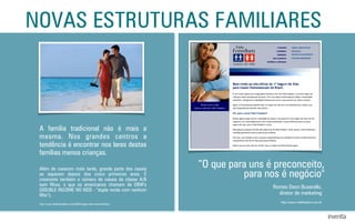 NOVAS ESTRUTURAS FAMILIARES
Além de casarem mais tarde, grande parte dos casais
se separam depois dos cinco primeiros anos. É
crescente também o número de casais de classe A/B
sem ﬁlhos, o que os americanos chamam de DINK's
(DOUBLE INCOME NO KIDS - "dupla renda com nenhum
ﬁlho").
http://www.fashionbubbles.com/2008/singles-dinks-nano-familias/
A família tradicional não é mais a
mesma. Nos grandes centros a
tendência é encontrar nos lares destas
famílias menos crianças.
http://www.vidafreedom.com.br
“O que para uns é preconceito,
para nos é negócio"
Romeo Deon Busarello,
diretor de marketing
 