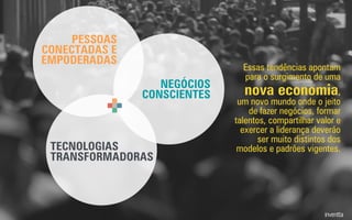 PESSOAS
CONECTADAS E
EMPODERADAS
NEGÓCIOS
CONSCIENTES
TECNOLOGIAS
TRANSFORMADORAS
Essas tendências apontam
para o surgimento de uma
nova economia,
um novo mundo onde o jeito
de fazer negócios, formar
talentos, compartilhar valor e
exercer a liderança deverão
ser muito distintos dos
modelos e padrões vigentes.
 