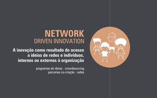 NETWORK
DRIVEN INNOVATION
A inovação como resultado do acesso
a ideias de redes e indivíduos,
internos ou externos à organização
programas de ideias . crowdsourcing
parcerias co-criação . redes
 