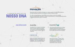 NOSSO DNA
A CRIAÇÃO DO NOVO ESTÁ EM
Por meio de suas empresas, desde 2002 atua em todos os eixos da inovação,
aproxima atores, facilita interações, fortalece relacionamentos, compartilha conhecimentos
e constrói pontes entre ciência e mercado.
Nascemos dentro do Instituto Inovação, um núcleo gerador de negócios inovadores e
uma das empresas pioneiras em Inovação no Brasil e América Latina.
Joint Venture da Inventta com o grupo
canadense Braithwaite Global Inc., é
pioneira no Brasil na gestão estratégica
de recursos ﬁnanceiros para inovação.
Spin-off da Inventta, o Tropos Lab é
um negócio de educação focado em
estimular novas gerações de
empreendedores e disseminar
aprendizados sobre inovação.
Gestora de Venture Capital focada em
negócios inovadores tecnológicos ou
ambientais. Hoje tem sob gestão uma
carteira de cerca de R$ 500 milhões.
Consultoria em inovação e estratégia,
berço de novos negócios do grupo,
com mais de 10 anos de experiência
em vários setores no Brasil e ﬁlial na
Colômbia.
ATUAISEMPRESASDOGRUPO
 