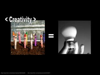 = < Creativity >  http://www.flickr.com/photos/annais/9335897/ http://www.flickr.com/photos/clashed/386405208/ 