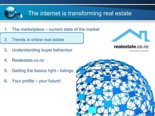 The marketplace – current state of the market Trends in online real estate Understanding buyer behaviour Realestate.co.nz  Getting the basics right - listings Your profile – your future! The internet is transforming real estate 