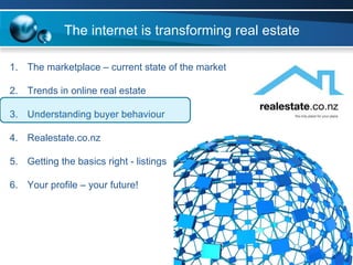 The marketplace – current state of the market Trends in online real estate Understanding buyer behaviour Realestate.co.nz  Getting the basics right - listings Your profile – your future! The internet is transforming real estate 