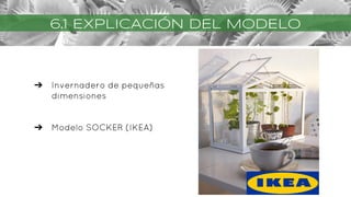 6.1 EXPLICACIÓN DEL MODELO
➔ Invernadero de pequeñas
dimensiones
➔ Modelo SOCKER (IKEA)
 