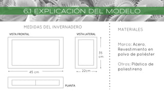 6.1 EXPLICACIÓN DEL MODELO
MATERIALES
Marco: Acero,
Revestimiento en
polvo de poliéster
Otros: Plástico de
poliestireno
VISTA FRONTAL VISTA LATERAL
PLANTA
45 cm 22cm
35
cm
MEDIDAS DEL INVERNADERO
 