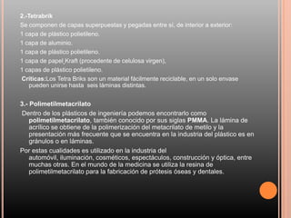 2.-Tetrabrik
Se componen de capas superpuestas y pegadas entre sí, de interior a exterior:
1 capa de plástico polietileno.
1 capa de aluminio.
1 capa de plástico polietileno.
1 capa de papel Kraft (procedente de celulosa virgen),
1 capas de plástico polietileno.
Críticas:Los Tetra Briks son un material fácilmente reciclable, en un solo envase
pueden unirse hasta seis láminas distintas.
3.- Polimetilmetacrilato
Dentro de los plásticos de ingeniería podemos encontrarlo como
polimetilmetacrilato, también conocido por sus siglas PMMA. La lámina de
acrílico se obtiene de la polimerización del metacrilato de metilo y la
presentación más frecuente que se encuentra en la industria del plástico es en
gránulos o en láminas.
Por estas cualidades es utilizado en la industria del
automóvil, iluminación, cosméticos, espectáculos, construcción y óptica, entre
muchas otras. En el mundo de la medicina se utiliza la resina de
polimetilmetacrilato para la fabricación de prótesis óseas y dentales.
 