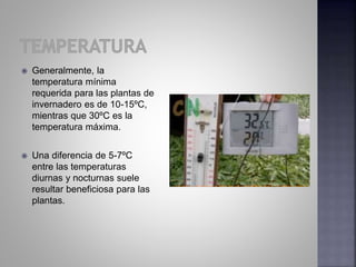 Generalmente, la
temperatura mínima
requerida para las plantas de
invernadero es de 10-15ºC,
mientras que 30ºC es la
temperatura máxima.
 Una diferencia de 5-7ºC
entre las temperaturas
diurnas y nocturnas suele
resultar beneficiosa para las
plantas.
 