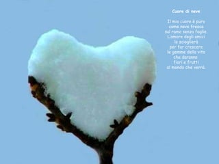 Cuore di neve Il mio cuore è puro come neve fresca sul ramo senza foglie. L’amore degli amici lo scioglierà per far crescere le gemme della vita che daranno  fiori e frutti al mondo che verrà. 