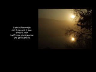 La nebbia avvolge con il suo velo il sole- alba sul lago. Nell’acqua si rispecchia una gelida stella. 
