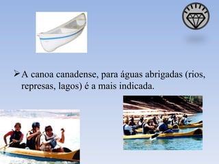A canoa canadense, para águas abrigadas (rios, represas, lagos) é a mais indicada. 