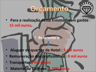 Para a realização deste Evento foram gastos  15 mil euros . Referente a  : Aluguer de quartos de Hotel :  3 mil euros Remuneração dos profissionais :  8 mil euros Transporte:  3 mil euros Material de Ciclismo:  1.500 euros 