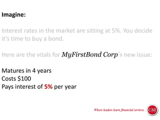 ResponsibilitiesImagine:Interest rates in the market are sitting at 5%. You decide it’s time to buy a bond.Here are the vitals for MyFirstBond Corp’s new issue:Matures in 4 yearsCosts $100Pays interest of 5% per yearAssessment Strategies