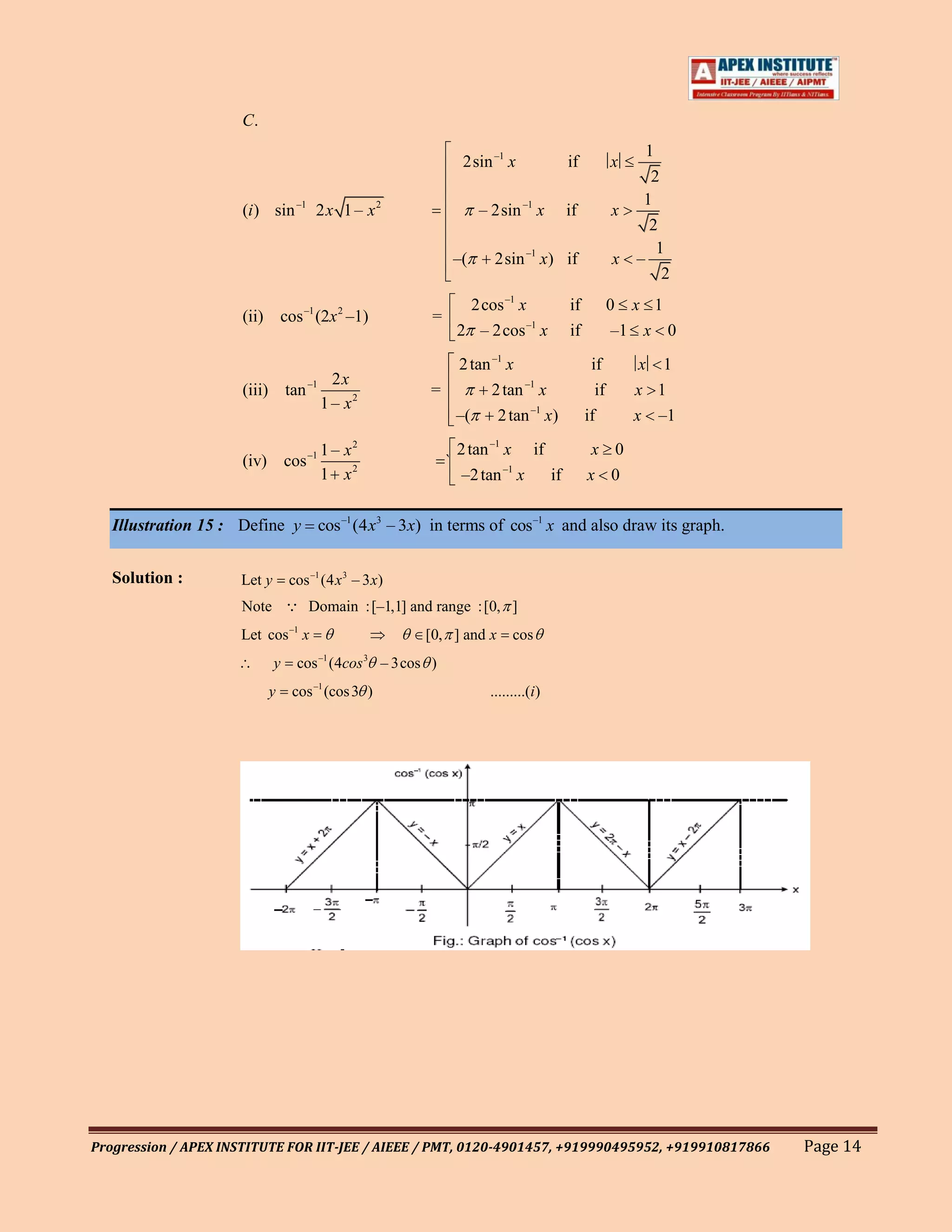 C.
                                                                                                        1
                                                                   2sin –1 x           if          x
                                                                                                         2
                                                                                                        1
                      (i ) sin –1 2 x 1 – x 2                          – 2sin –1 x     if          x
                                                                                                         2
                                                                                                          1
                                                                  –(     2sin –1 x) if             x   –
                                                                                                           2
                                                                   2cos –1 x           if          0 x 1
                      (ii) cos –1 (2x 2 –1)               =
                                                                  2 – 2cos –1 x        if           –1 x 0
                                                           2 tan –1 x                        if         x 1
                                     2x
                      (iii) tan –1                       =       2 tan –1 x                   if       x 1
                                   1 – x2
                                                           –(     2 tan –1 x)               if         x –1

                                        1 – x2                    2 tan –1 x if              x 0
                      (iv) cos –1                             `
                                        1 x2                       –2 tan –1 x  if          x 0

   Illustration 15 : Define y cos –1 (4 x3 – 3x) in terms of cos –1 x and also draw its graph.


   Solution :         Let y       cos –1 (4 x 3 – 3 x)
                      Note  Domain : [–1,1] and range : [0, ]
                      Let cos –1 x                       [0, ] and x         cos
                              y    cos –1 (4cos 3 – 3cos )
                           y      cos –1 (cos 3 )                       .........(i)




Progression / APEX INSTITUTE FOR IIT-JEE / AIEEE / PMT, 0120-4901457, +919990495952, +919910817866             Page 14
 