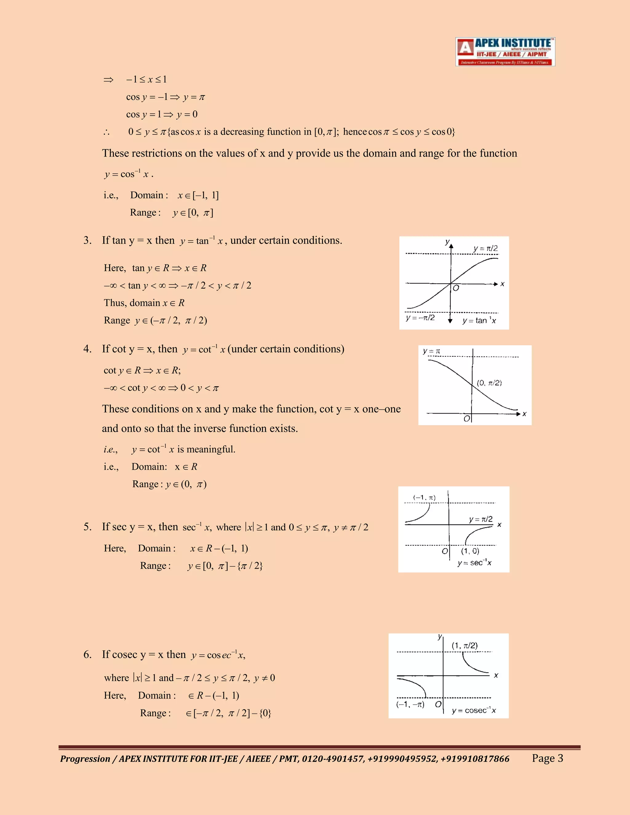 –1 x 1
                  cos y         –1           y
                  cos y 1                y         0
                   0       y        {as cos x is a decreasing function in [0, ]; hence cos       cos y   cos 0}

         These restrictions on the values of x and y provide us the domain and range for the function
         y       cos –1 x .

         i.e.,     Domain : x [–1, 1]
                   Range :              y [0,                 ]

     3. If tan y = x then y tan –1 x , under certain conditions.

         Here, tan y                R         x        R
         –         tan y                     – /2                 y       /2
         Thus, domain x                  R
         Range y               (– / 2,             / 2)

     4. If cot y = x, then y cot –1 x (under certain conditions)
         cot y         R        x       R;
         –         cot y                 0            y

         These conditions on x and y make the function, cot y = x one–one
         and onto so that the inverse function exists.
         i.e.,      y      cot –1 x is meaningful.
         i.e.,      Domain: x                     R
                    Range : y                (0,          )



     5. If sec y = x, then sec–1 x, where x 1 and 0 y                                  ,y   /2

         Here,          Domain :                  x       R – (–1, 1)
                        Range :               y [0,                   ] – { / 2}




     6. If cosec y = x then y cos ec –1 x,

         where x               1 and –            /2              y      / 2, y    0
         Here,          Domain :                      R – (–1, 1)
                        Range :                    [– / 2,               / 2] – {0}



Progression / APEX INSTITUTE FOR IIT-JEE / AIEEE / PMT, 0120-4901457, +919990495952, +919910817866                Page 3
 