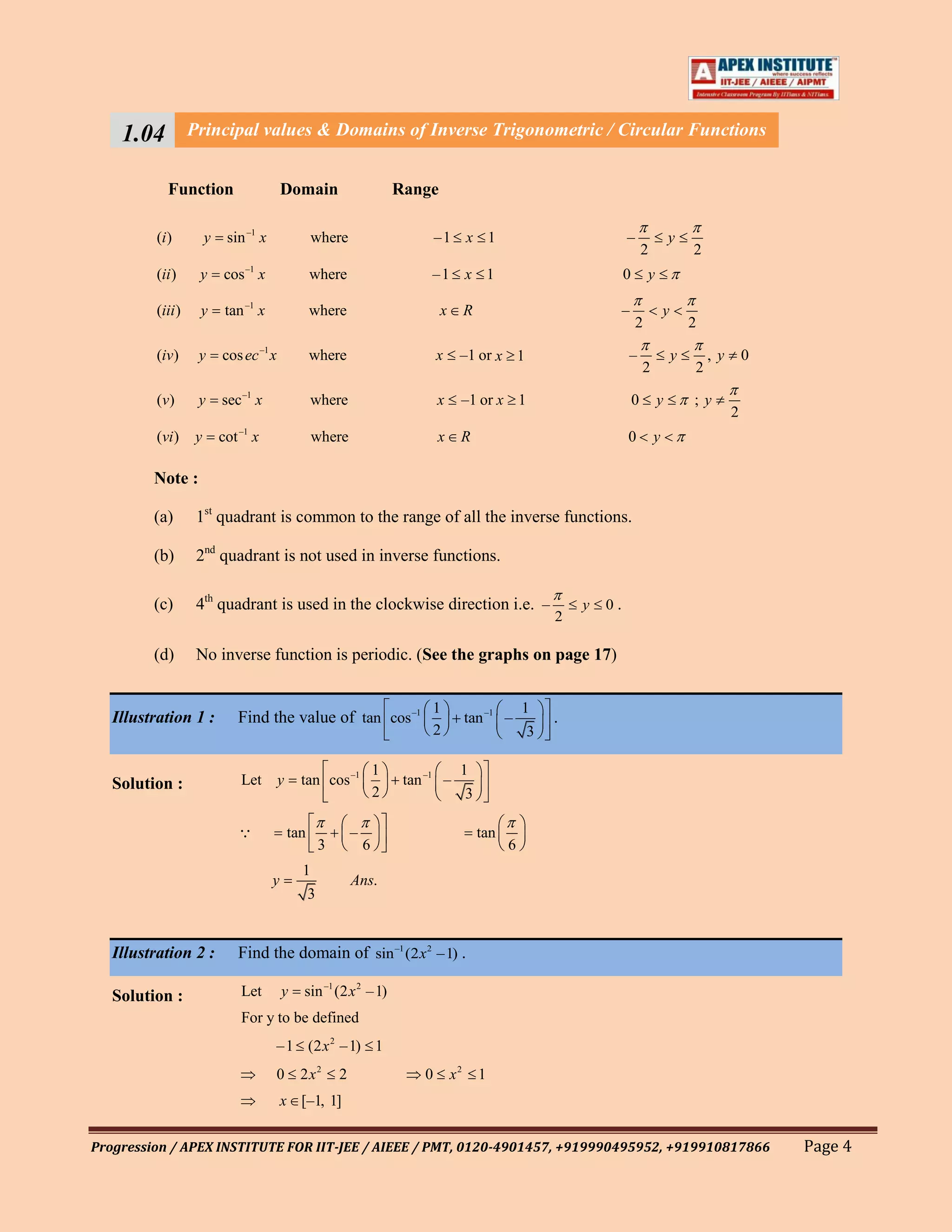 1.04          Principal values & Domains of Inverse Trigonometric / Circular Functions


           Function                        Domain                          Range

         (i )          y    sin –1 x               where                           –1 x 1                                  –               y
                                                                                                                                   2               2
                                –1
         (ii )     y        cos x                  where                        –1 x 1                                     0       y

         (iii )    y        tan –1 x               where                           x        R                              –               y
                                                                                                                               2                   2

         (iv)      y       cos ec –1 x             where                           x    –1 or x 1                          –                   y       ,y       0
                                                                                                                                   2               2

         (v )      y       sec –1 x                where                           x    –1 or x 1                              0       y           ;y
                                                                                                                                                            2
         (vi )     y       cot –1 x                where                           x    R                                  0           y

         Note :

         (a)       1st quadrant is common to the range of all the inverse functions.

         (b)       2nd quadrant is not used in inverse functions.

         (c)       4th quadrant is used in the clockwise direction i.e. –                                         y   0.
                                                                                                              2

         (d)       No inverse function is periodic. (See the graphs on page 17)


                                                                                1                         1
   Illustration 1 :           Find the value of tan cos –1                                  tan –1 –          .
                                                                                2                         3

                                                                       1                1
   Solution :                  Let       y     tan cos –1                   tan –1 –
                                                                       2                    3

                                            tan               –                                tan
                                                       3           6                                  6
                                               1
                                       y                       Ans.
                                                   3


   Illustration 2 :           Find the domain of sin –1 (2 x2 –1) .

   Solution :                  Let         y   sin –1 (2 x 2 – 1)
                               For y to be defined
                                       – 1 (2 x 2 – 1) 1
                                       0       2x2         2                   0       x2       1
                                           x [–1, 1]

Progression / APEX INSTITUTE FOR IIT-JEE / AIEEE / PMT, 0120-4901457, +919990495952, +919910817866                                                                  Page 4
 