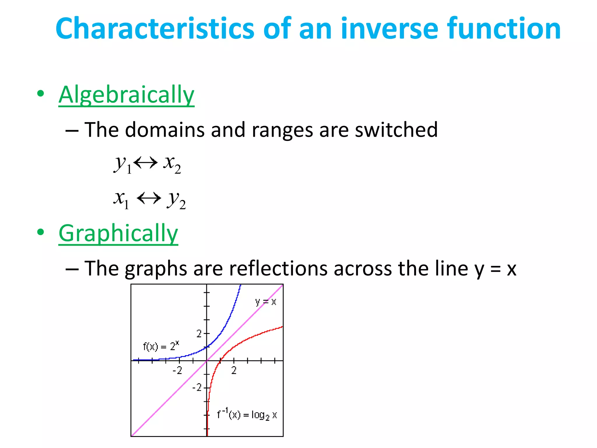 Characteristics of an inverse function
• Algebraically
– The domains and ranges are switched
y1 x2
x1
y2
• Graphically
– The graphs are reflections across the line y = x