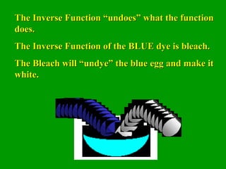 The Inverse Function “undoes” what the functionThe Inverse Function “undoes” what the function
does.does.
The Inverse Function of the BLUE dye is bleach.The Inverse Function of the BLUE dye is bleach.
The Bleach will “undye” the blue egg and make itThe Bleach will “undye” the blue egg and make it
white.white.
 